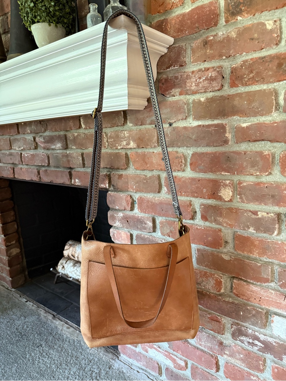 Madewell Cognac Leather Tote with Braided Strap